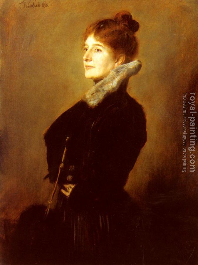 Franz Von Lenbach : Portrait Of A Lady Wearing A Black Coat With Fur Collar